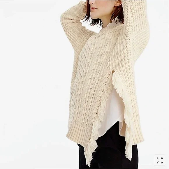 J.Crew Cable Knit Sweater with Side Slit Fringe Detail in Ivory - Picture 16 of 16